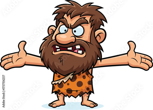 Cartoon Caveman with Angry Expression Showing Frustration, Isolated on White Background, Vector Illustration for Prehistoric Education, History Books, Animated Film, Creative Marketing Campaigns, Grap