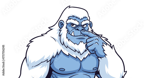 Cartoon Yeti Picking Nose Illustration with Playful Expression on White Background for Children's Book Mascot Design, Animation Character, Comical Fantasy Creature, Funny Primate, Hilarious Arctic Mon