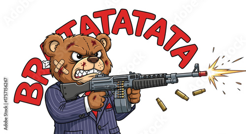 Cartoon Gangster Bear Character Firing Machine Gun with Animated BRTATATATA Sound Effect in Mafia Pinstripe Suit, Expressing Anger, Violence, Animated Comic Style for Graphic Novel Illustrations and G