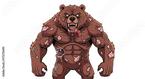Menacing Zombie Bear Monster Lurking in Dark Forest, Undead Grizzly with Ripped Flesh and Bloody Wounds, Aggressive Predator Threatening, Fantasy Horror Illustration for Halloween Presentation, Graphi