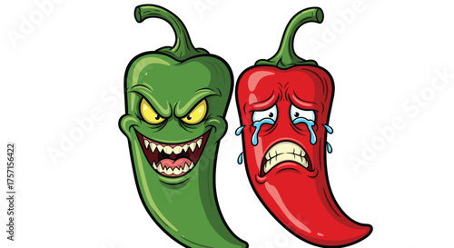 Cartoon Chili Peppers Displaying Contrasting Emotions: One with a Sinister Grin and Menacing Expression, the Other Crying with Overwhelming Sadness, Illustrating Spicy Food Reactions in a Funny, Comic