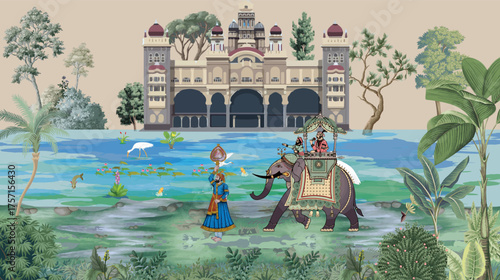 Mughal Mural Illustration, Indian Wedding, Mughal Palace, Wallpaper