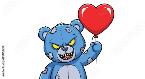 Menacing Stuffed Bear Holding a Heart Balloon on White Backdrop: Spooky Valentine's Day Mascot with Patchwork Design, Cartoon Style Illustration for Greeting Cards, Horror Theme, Children's Graphic, F