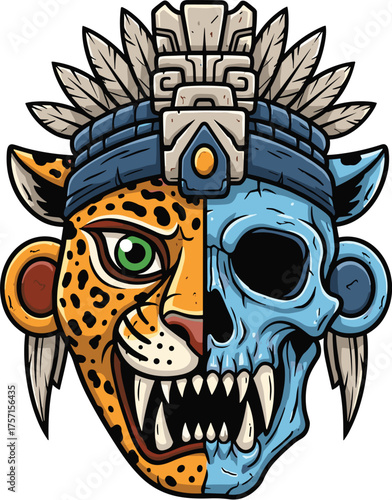 Jaguar Skull Aztec Warrior Half Face Illustration Representing Duality and Ancient Civilizations, Spiritual Symbolism for Tattoos, Apparel Design, and Cultural Identity with Detailed Feathers and Trad