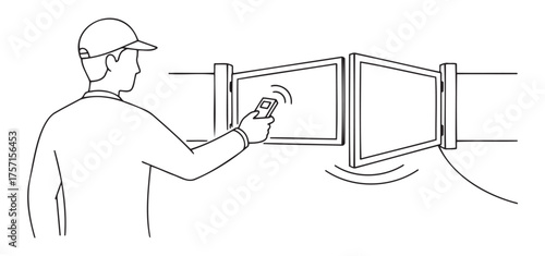 Minimalist black-and-white illustration of worker using remote to open automatic sliding gate. Perfect for security, smart home, and property access content