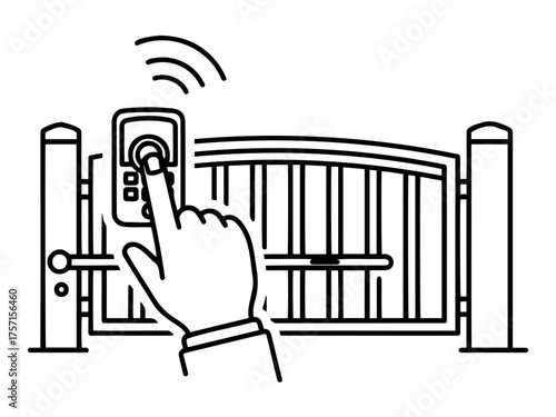 Minimalist black-and-white line art icon of hand pressing button to open automatic gate with wireless signal. Perfect for smart home, security, and access control content