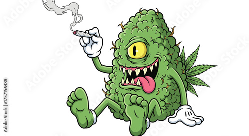 Cartoon Marijuana Bud Character Smoking a Joint, Relaxing with Recreational Drug Use in a Carefree Style, Ideal for Medical Cannabis Marketing, Website, Educational Illustration, or Psychedelic Design