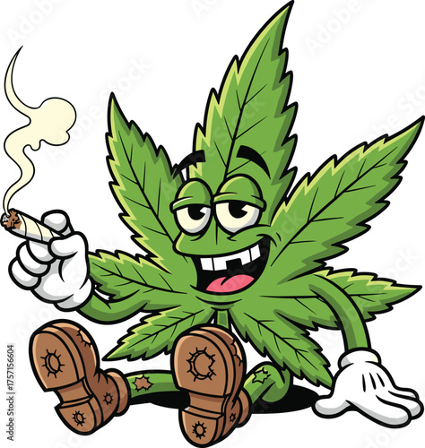 Cartoon Marijuana Leaf Character Smoking a Joint, Relaxing with a Happy Expression on White Background, Representing Medical Cannabis Use, Legalization, and Recreational Lifestyle in a Fun, Modern Sty