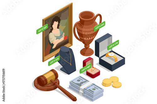 Isometric luxury auction with painting, vase, jewelry, ring, and watch. Concept of art, antique, and collectible sale with money and gavel.