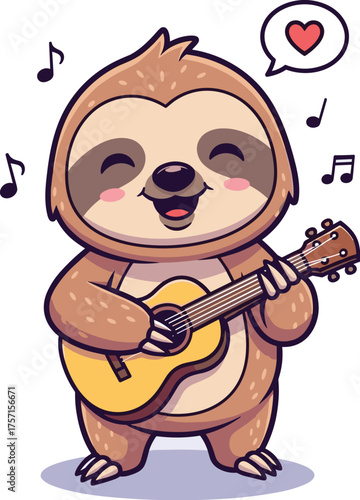 Adorable Sloth Playing Acoustic Guitar with Joyful Heartfelt Music Notes in Pastel Studio Setting - Cartoon Character for Children's Illustration, Education, Entertainment, Musicality, Animation, Crea
