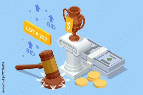 Isometric online auction concept with antique vase, gavel, coins, and cash. Digital bidding and collectible sale illustration.
