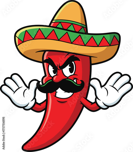 Spicy Red Chili Pepper Cartoon Character with Sombrero and Mustache Giving a Threatening Gesture, Representing Mexican Cuisine, Food Industry, Hot Sauce, Fiery Flavor, Illustration for Restaurant Bran