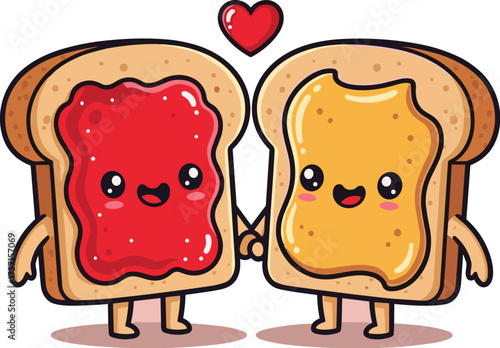Whimsical Peanut Butter and Jelly Toast Couple Holding Hands Under a Heart Icon, Representing Food Lovers and Sweet Breakfast Companionship on a Light Pink Background, Perfect for Valentine's Day, Chi