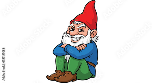 Cartoon Garden Gnome Sitting with Arms Crossed and Mischievous Grin on White Background, Fairy Tale Character Illustration for Children's Book, Mascot, or Decoration, Folklore Fantasy in Bright Colors