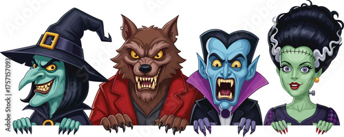 Halloween Monster Cartoon Characters Peeking over White Wall with Witch, Werewolf, Vampire, and Frankenstein's Bride Illustration for Spooky Season Celebration Advertising and Graphic Design with Vect