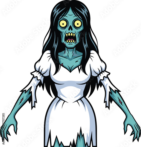Creepy Cartoon Zombie Woman in Tattered White Dress - Spooky Undead Ghoul with Long Black Hair and Yellow Eyes - Halloween Horror Illustration for Scary Presentations and Graphic Design Projects (Vect