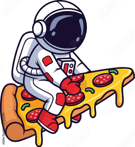Astronaut Relaxing on a Giant Pizza Slice in Space, Floating Amidst Stars | Cartoon Illustration for Cosmic Food Delivery, Children's Book, Space Exploration, Fun Mobile Wallpaper, Culinary Adventure,