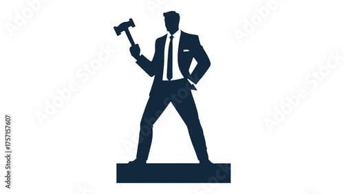 silhouette of a man with a hammer in one hand and another in the pocket, judge in suit with hammer in one hand and another hand in the pocket