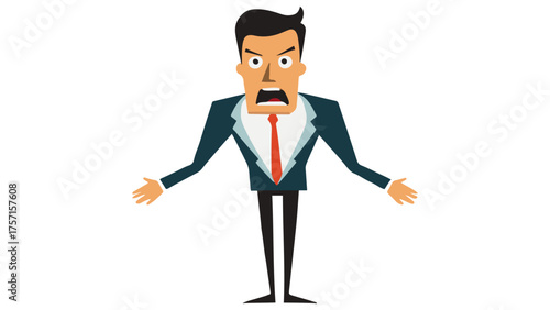 businessman shouting with hands straightened on both sides in suit and with red tie, cartoon style angry shouting person in working suit