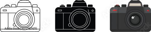 Three cameras displayed side by side offering diverse styles and depictions including a detailed outline a solid black silhouette and a stylized dark gray version vector