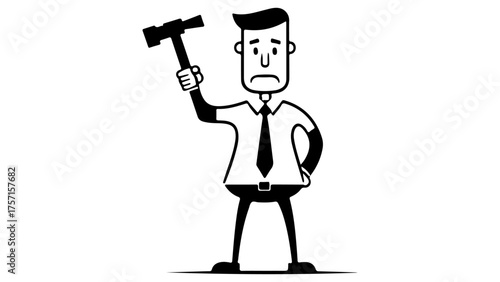 simple illustration of a sad judge or just a person with hammer in one hand, sad judge in suit vector illustration black and white shape