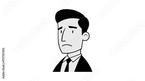 business man with sad expression of the face, simple black and white shape of a person in suit with sad face expression