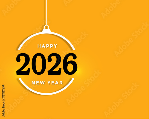Minimalist Happy New Year 2026 Text in a Hanging Ornament on Bright Orange Background
