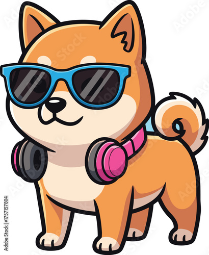 Cool Shiba Inu Dog Cartoon Character Enjoying Music with Headphones and Sunglasses on Light Blue Background - Mascot Illustration for Animal Lovers, Pets, Tech, and Modern Lifestyle Marketing and Desi