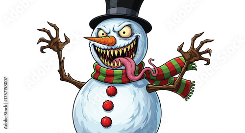 Terrifying Snowman Cartoon Character Menacingly Emerging for Winter Holidays, a Spooky Frosty Beast for Christmas, Halloween, or Holiday Season Designs, a Scary, Monstrous Figure in Vector Illustratio