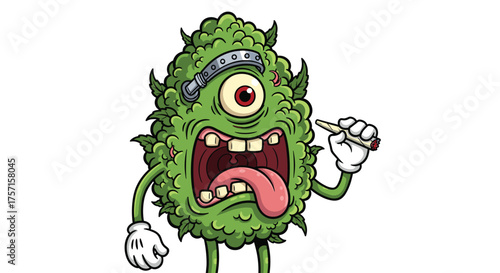Cartoon Cannabis Character Screaming and Holding a Joint Illustration on White Background, Marijuana Bud with Bandage and Googly Eye for Edgy Medical or Recreational Presentation, Weed Legalization an