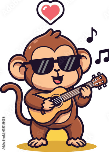 Cheerful Monkey Playing Ukulele with Heart and Music Notes on Yellow Background, Cute Cartoon Animal Illustration for Children's Entertainment, Educational Materials, Music Industry, Animation, Comics