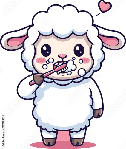 Adorable Cartoon Sheep Brushing Teeth for Dental Hygiene in a Pink Studio Backdrop: A Whimsical Illustration for Children's Healthcare Education, Promoting Healthy Lifestyle and Animated Character Den