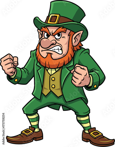 Angry Cartoon Leprechaun Ready to Fight for St. Patrick's Day Celebration, Protecting His Gold, Depicting Irish Folklore Character with Fists Up in a Graphic Resource, Animated Style Image for Greetin