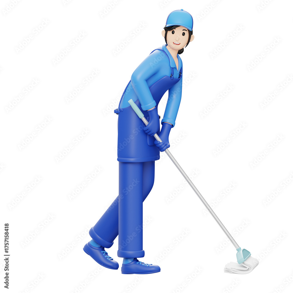 Obraz premium Woman Wearing Blue Uniform Mopping the Floor With a White Mop Against a Transparent Background Representing Cleaning Services and Household Chores