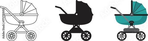 Three diverse baby stroller designs representing classic outline silhouette and modern teal colors for parenthood and transportation concepts vector