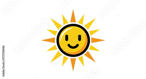 Smiling cartoon sun icon with bright yellow and orange rays, depicting happiness, warmth, and sunny weather, a cheerful and positive symbol for various designs.