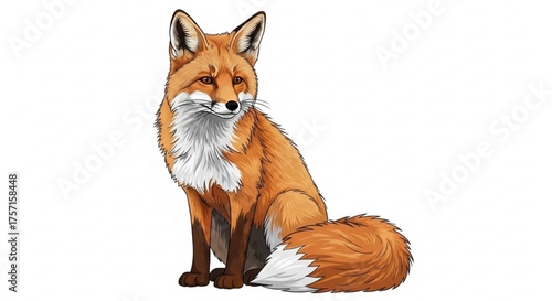 A sitting red fox vector illustration with detailed fur texture, keen eyes, and a bushy tail, isolated on a white background for versatile design use.