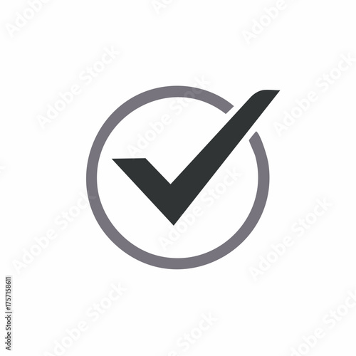 Grey and black check mark symbol inside a circle. Flat design icon representing correctness and validation.