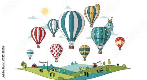 Colorful hot air balloons ascending into a bright sky above a cheerful outdoor festival, showcasing adventure and fun with diverse patterns over a lively landscape.