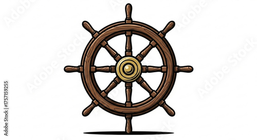 Traditional wooden ship's steering wheel with a shining brass center, an emblem of maritime navigation, voyage, leadership, control, and adventurous sea travel