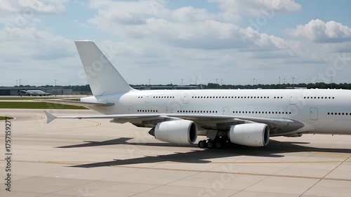 White passenger airplane Airbus A380 taxiing at the airport. Side view angle. Double decker jumbo jet aircraft with four engine. Modern passenger jet airplane.