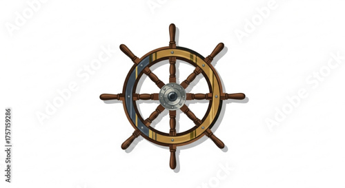 Classic wooden ship's steering wheel, precisely crafted with golden brass and dark silver metal details, symbolizing maritime guidance, adventure, and control.