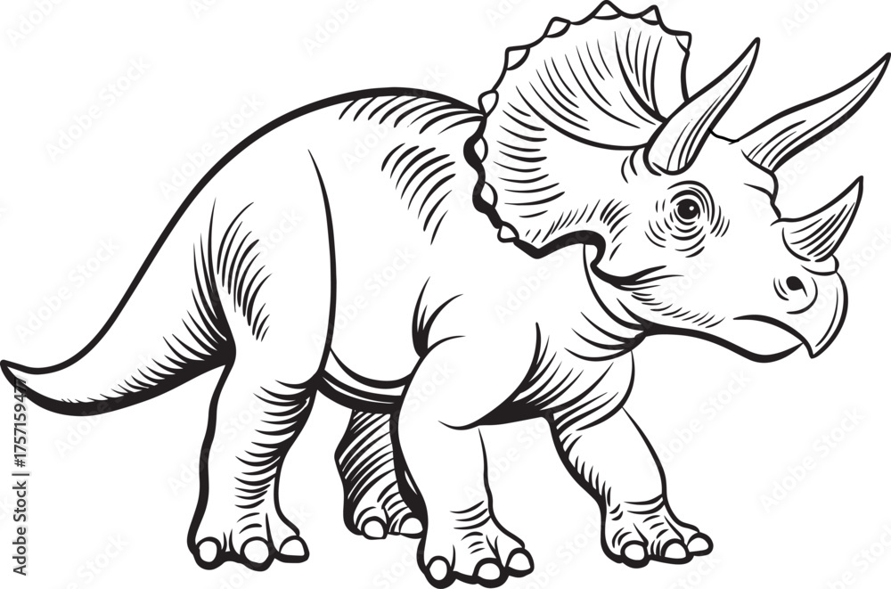 Obraz premium Black and white line art illustration of Triceratops dinosaur with three horns and frilled head, prehistoric herbivore drawing for coloring book and paleontology education