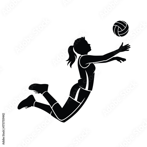 Scalable vector silhouette illustration of a female volleyball player jumping to spike the ball silhouette vector illustration white background