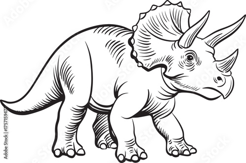 Black and white line art illustration of Triceratops dinosaur with three horns and frilled head, prehistoric herbivore drawing for coloring book and paleontology education
