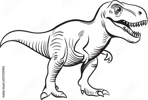 Black and white line art illustration of Tyrannosaurus Rex dinosaur with open mouth and sharp teeth, prehistoric predator drawing for coloring book and paleontology education