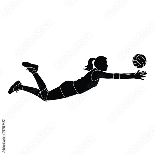 Dynamic silhouette illustration of a volleyball player diving for a serve in vector format silhouette vector illustration white background