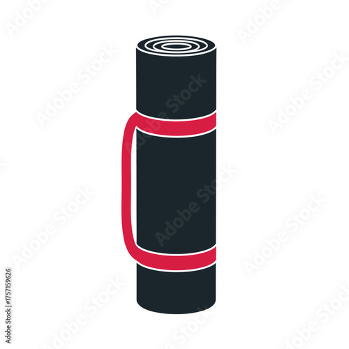Dark blue rolled yoga mat with red strap and white trim vector