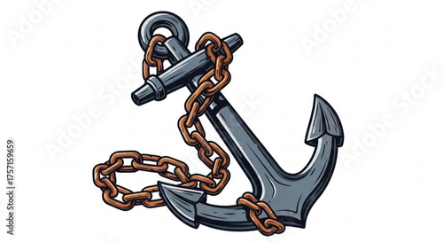 Nautical anchor illustration with a detailed metal chain wrapped around it, symbolizing maritime travel, stability, and security for ocean adventures.