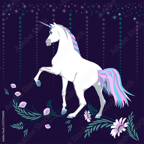 Unicorn on dark blue background with flowers and stars. Vector illustration	
